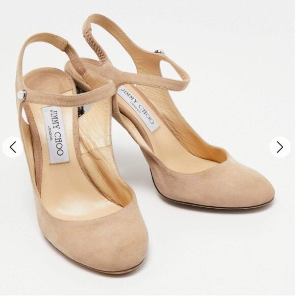 Jimmy Choo-Beige Suede & Leather Heels with multi-shape Crystals. Size 39 (US 9) - Picture 5 of 9